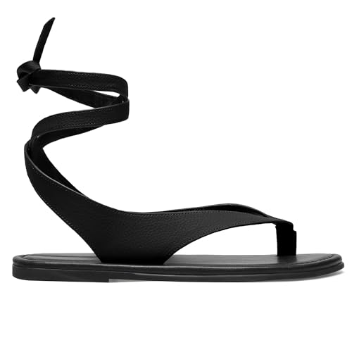 Ankle Strap Flat Sandals for Women Comfortable Lace Up T-Strap Slip on Flip Flops Flats Ladies Fashion Cute Thong Sandals Summer Soft Flip Flops Sandals