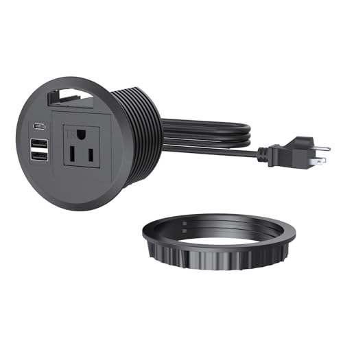 Grommet de alimentación para escritorio de 3,15 pulgadas con orificio para cables y puerto USB-C de 20 W | Diseño resistente a manipulaciones, orificio para cables, grommet de alimentación empotrado con 3 puertos USB, color negro