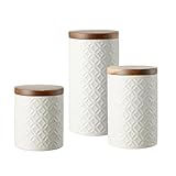 Hyperspace Embossed Ceramic Canister Set 3-piece Storage Jars Food Containers with Airtight Acacia Wood Lids for Kitchen Countertop or Home Deco