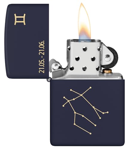 Zippo Zodiac Bliźnięta Zapalniczka Sztormowa, Grawerowanie Laserowe, Wielokrotnego Użytku, do Napełniania, Wiatroodporna Konstrukcja, Pudełko na Prezent, Wykonano w USA, Kolor Granatowy Matowy