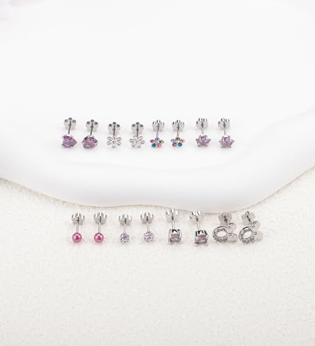 Staligue 8 & 21 Pairs Hypoallergenic Screw Back Earrings for Women – 20G Surgical Steel Flat Back Studs with Heart, CZ, Pearl, Star & Ball Designs | Tiny Cartilage Jewelry Options3