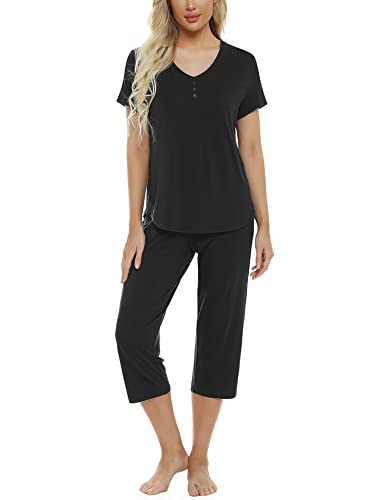 Women's Cotton Capri Pajama Sets Plus Size Ladies Short Sleeve Sleepwear With Pocket Soft Pjs Set Black,Small #TOP3