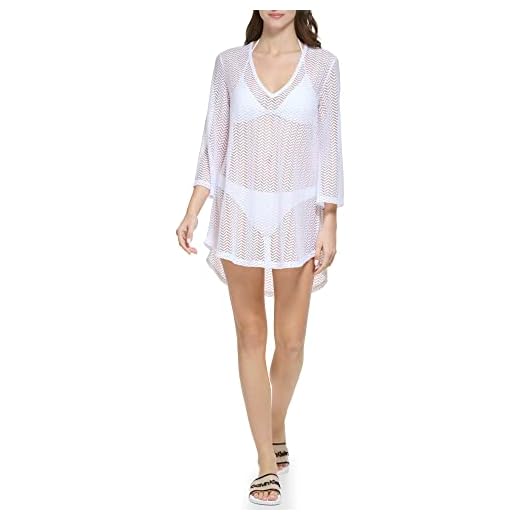 Calvin Klein Pulôver feminino de malha, manga 3/4, saída de banho, Branco macio, G
