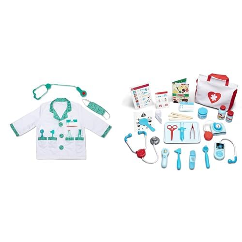 Melissa & Doug Doctor Role Play Bundle - 8-Piece Kids Costume Set with 25-Piece Medical Kit, Stethoscope, Coat & Accessories for Ages 3+