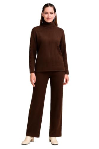 Image of Kvetoo Women Winter Coord Set Wool Blend High Neck Sweater and Wide Leg Pants Warm Tracksuit Pajama Set Two Piece Knitwear Travel Wear for Lounge Casual Office