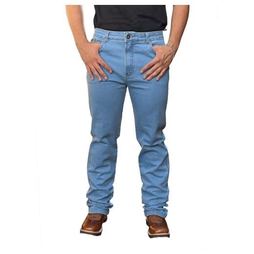 Calca Country Jeans Masculina Peão Rodeio Agro Pura Raça Tradicional Rodeio Cavalgada Elastano Barra Larga (BR, Numérico, 38, Regular, Regular, Azul Claro)