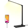 HMFUNTM Led Desk Lamp, Desk Lamp with USB Charging Port, 5 Color Modes, 10 Brightness, Natural Light, Eye Caring Reading Lamp, Desk Light for Home Office, Table Lamp, Touch Control, Auto-Timer, Black