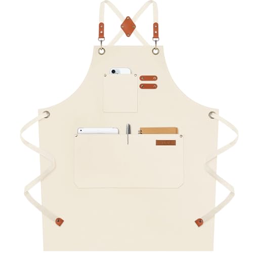 NLUS Chef Apron for Men Women, Water-Resistant Cotton Canvas Cross Back Apron with Large Pockets