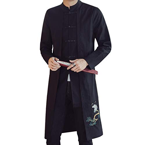 Image of HZCX FASHION Men's Vintage Cotton Linen Stand Collar Frog-Button Trench Coats