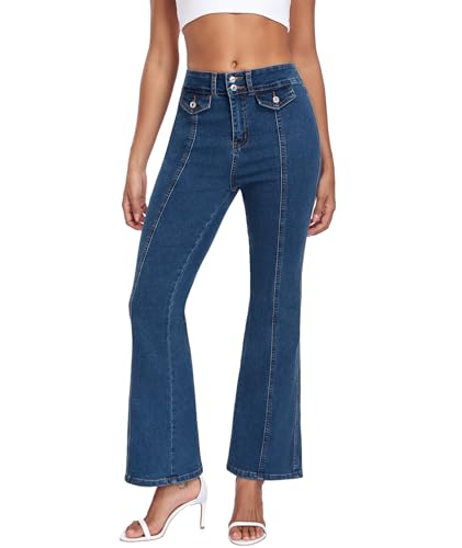 MARIASHA Jeans for Women Flared Leg Stretch High Wasited Printed Pocket Pants Vintage Blue M