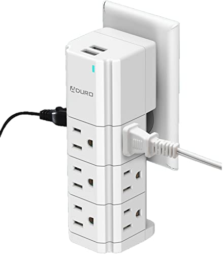 Aduro Surge Protector 9 Outlet Power Strip Swivel with USB (2 Ports 2.4A) Wall Mount Multiple Outlet Splitter Extender Adapter White