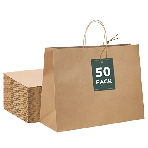 GSSUSA 16x6x12 Large Brown Paper Bags with Handles 50Pcs, Kraft Paper Gift Bags Bulk Bags for Small Business, Grocery & Retail, Boutique Shopping, Merchandise Packaging
