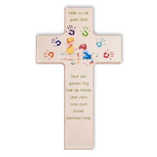 Fritz Cox Kreuz für Kinder aus Holz, natur | Gott beschütze mich | spielende Kinder unter einem Regenbogen von bunten Händen | Taufgeschenk für Jungen & Mädchen | 15cm