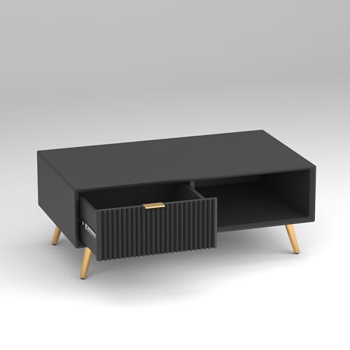 Image of ONIJA Modern Coffee Table for Living Room | HDMR Premium Wood Center Table with Storage Shelf | Matte Finish Coffee Table | Wooden Tea Table with Sturdy Legs (Black)