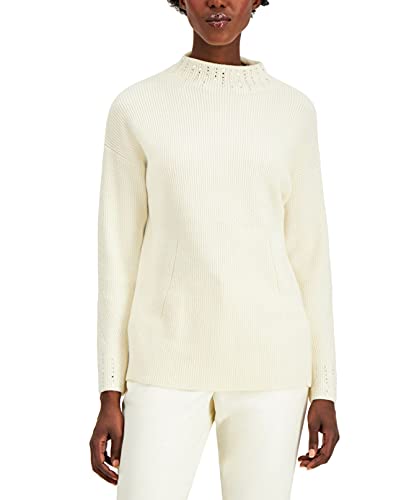 Alfani Womens Sweater Ivory Small Embellished Mock-Neck Pullover White Ivory