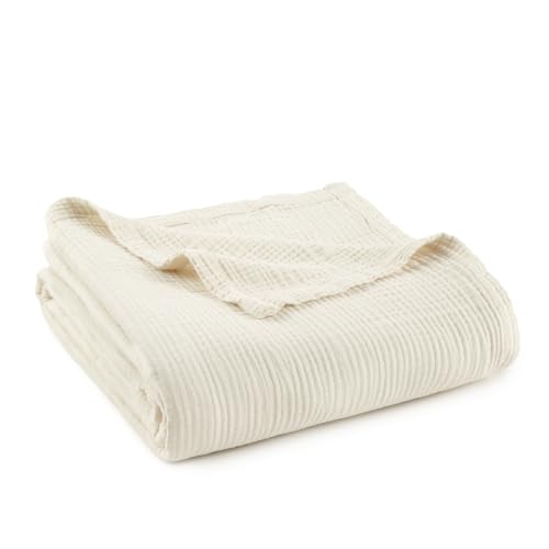 Image of 100% Cotton Organic Muslin Throw Blanket for Adults GOTS & Fairtrade Certified Organic Cotton - Couch Living Room and Bedroom Decor - 4 Layer Super Soft and Cozy (Natural, Queen)