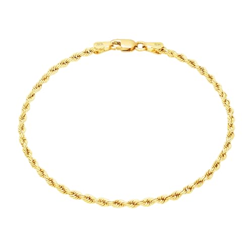 Nuragold 10K Real Yellow Gold 1.5mm Solid Rope Chain Diamond Cut Bracelet or Anklet (7