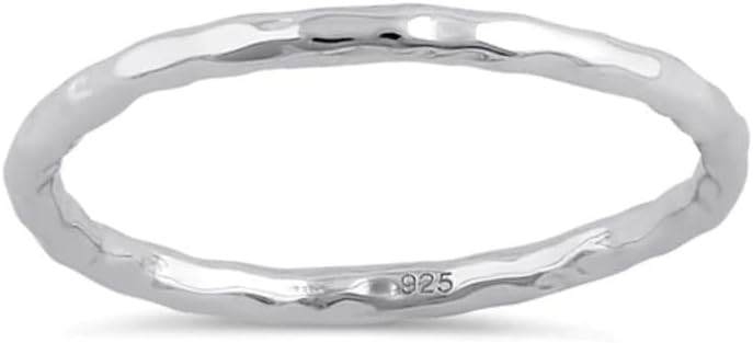 925 Sterling Silver Thin Hammered Band Women Stackable Ring