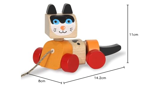 JAMARA Holzspielzeug Kidiwood Nachzieh Katze – ab 18 Monaten, Massivholz - Bergahorn und Buche, Farben auf Wasserbasis, fördert die motorische Fähigkeiten und Tastsinn, Ziehschnur