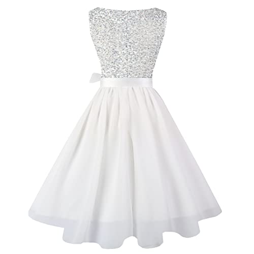 Hanpceirs Women's Boatneck Sleeveless Prom Wedding Guest Bridesmaid Dresses Cocktail Dress White Sequin M #TOP2