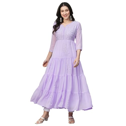 Image of RATAN Women's Solid Georgette Tiered Chikankari Flared Kurti Gown Maxi Dress