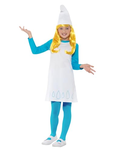 Funidelia Disfraz Oficial de Pitufina para niña, Incluye vestido con cola incluida, medias, gorro, Los Pitufos - Traje para niños para fiestas, Carnaval y Halloween, Talla 7-9 años