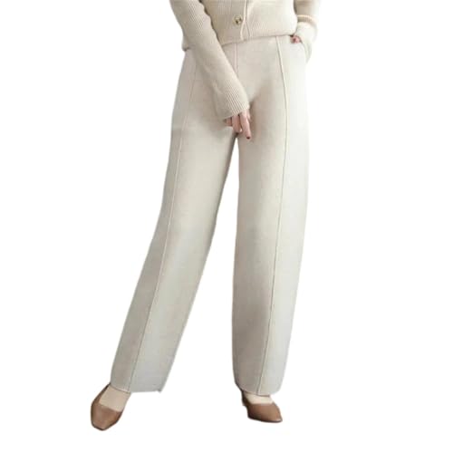 Women's 100% Wool Knit Pants High Waist Straight Loose Casual All Matching Knitted Trousers Beige