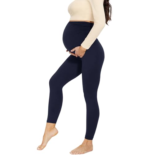 AMIYOYO Maternity Leggings Over Bump High Waisted Stretchy Belly Support Pregnancy Pants Women Yoga Workout Trousers Navy Blue L