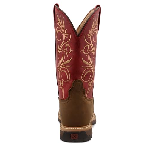 Twisted X Women's 11" Western Work Boot, Square Toe Steel Toe, Distressed Latigo & Red, 8 B3