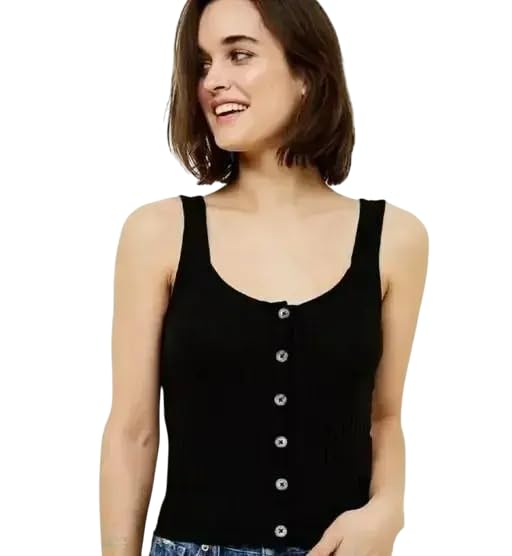 Pinken Vibes Women's Square Neck Tank Top with Button Detail, Sl