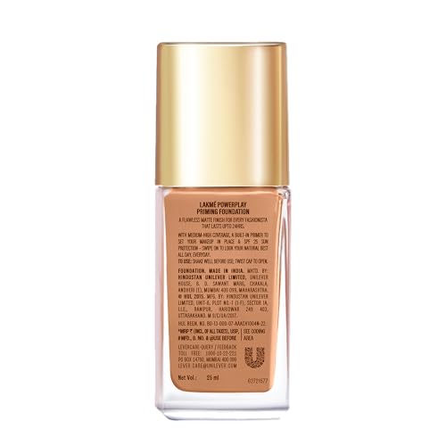 Image of Lakme Powerplay Priming Foundation, Natural, Flawless Finish, Medium To Full Coverage, Built in Primer, Long Lasting, SPF 20, Neutral Almond, 25ml