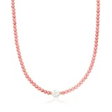 18kt yellow gold over sterling silver, coral and cultured freshwater pearl necklace for women. Coral, 8.5-9mm near-round pearl. 3/8" wide. Lobster clasp has a spring mechanism for sturdy security. Coral and cultured freshwater pearl. Polished 18kt ye...