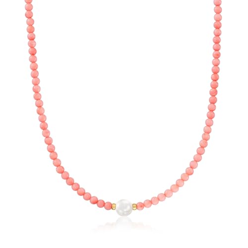 Ross-Simons 8.5-9mm Cultured Pearl and 4mm Pink Coral Bead Necklace With 18kt Gold Over Sterling. 20 inches
