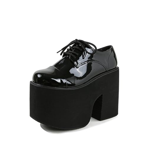 Women's Patent Leather Lace-Up Gothic Chunky Platform Shoes Fashionable Round Toe Super High Heel Heightening Non-Slip Dress Oxford Shoes
