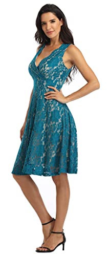 Miss Moly Women Floral Lace Overlay Fit And Flare Dress Elegant V Neck Knee Length Skater Dress Peacock M #TOP3