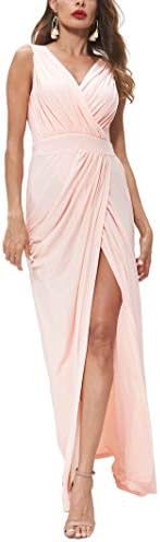DANTTAN Women's V-Neck Sleeveless Chiffon Wrap Split Formal Maxi Dress