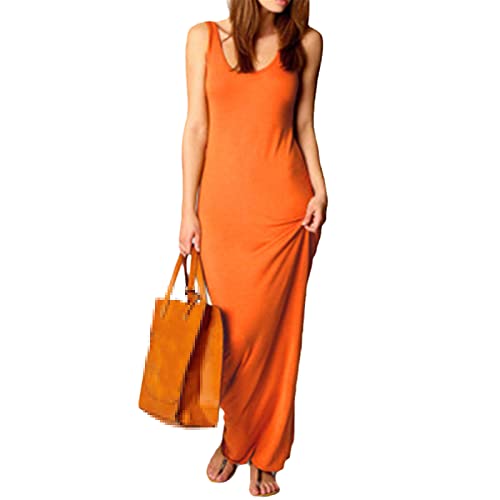 Vestido largo ajustado sin mangas para mujer, con cuello redondo, para mujer, color liso, naranja, L