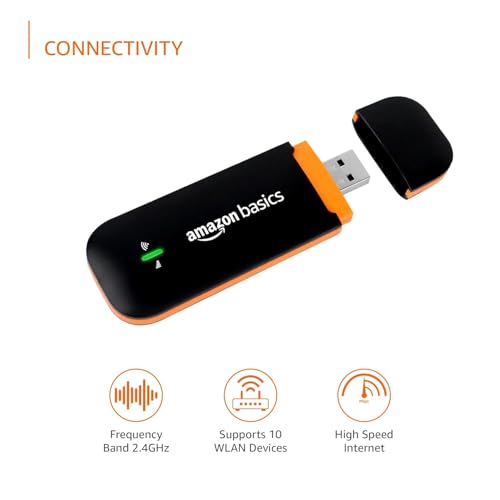Image of Amazon Basics 4G LTE WiFi USB Dongle Stick with All SIM Support | Plug & Play Data Card with Up to 150Mbps Data Speed, Hotspot for 10 People, Premium Qualcomm Chipset, Single Band, Black