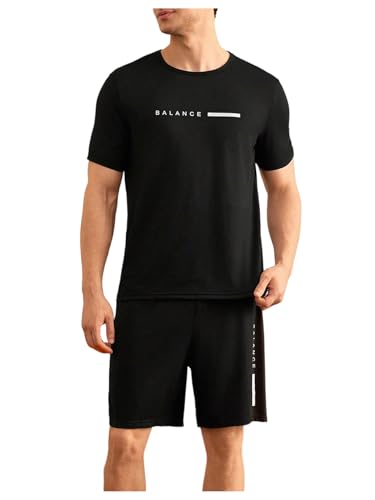 SweatyRocks Men's 2 Piece Pajama Sets Letter Graphic Short Sleeve Top and Shorts Sleepwear Set