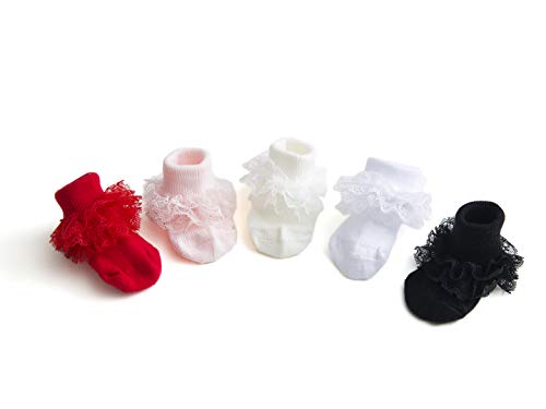 Image of Epeius Baby-Girls Eyelet Turn Cuff Ruffle Lace Socks Triple Lace Dressy Socks Newborn /Infants /Toddlers 3 /5 Pairs