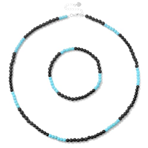 XSDSLS Conjunto de joyas de piedra natural para mujer, pulsera elástica de cuentas de piedra natural, collar de cuentas de cristal ajustables, regalo para mujer (Pino azul)