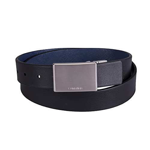 Calvin Klein Cinto masculino clássico com fivela reversível, placa azul/preta, GG (42-44), Placa azu
