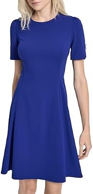 DKNY Women's Button Short Sleeve Fit and Flare Dress, Marine, 8