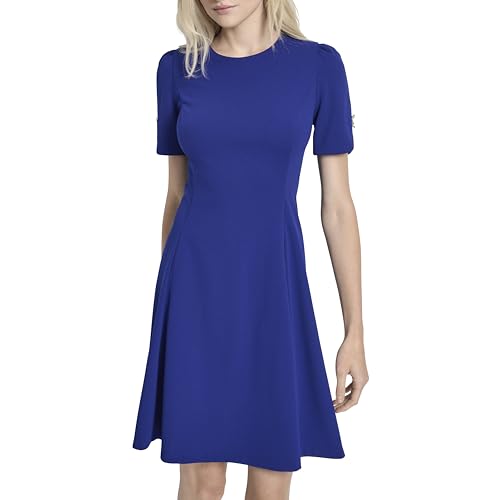 DKNY Women's Button Short Sleeve Fit and Flare Dress, Marine,