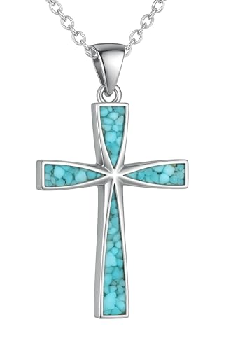 Marhabu Stainless Steel Turquoise Cross Necklace for Men and Women Faith Pendant Jewelry with Adjustable Chain Gift Box Included