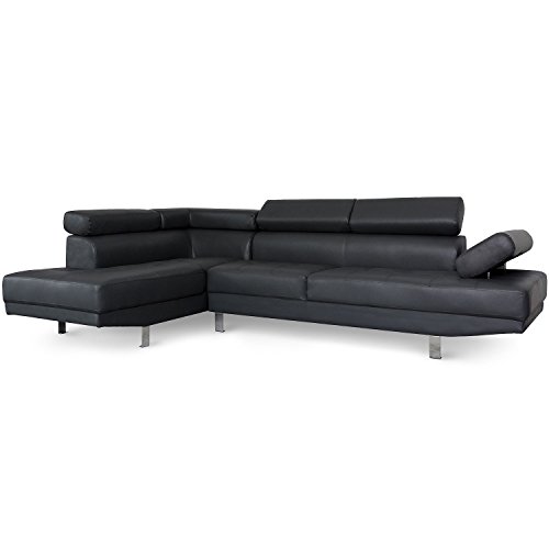 Menzzo Canapé d’Angle Alfa – 5 Places – Noir – Têtières et accoudoirs relevables –...