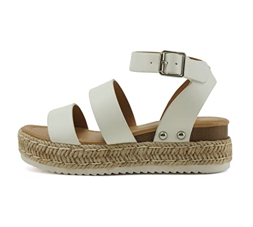 Image of Soda BRYCE-2 Kids /Children /Girls Open Toe Two Bands Espadrille Jute Platform Wedge Casual Fashion Flatform Sandals with Buckle Ankle Strap
