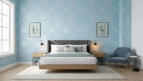 Image of Oceanic Blue Rose Flower Wallpaper Roll 45x300cm | Self-Adhesive Textured Floral Wall Sticker | Decorative Paper for Bedroom, Hallway & Living Room Walls