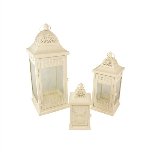 Christmas Central Set of 3 Cream Garden Getaway Ornate Pillar Candle Holder Lanterns 20.5