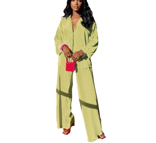 Chemise plissée manches longues et ensemble pantalon jambe large femme casual
